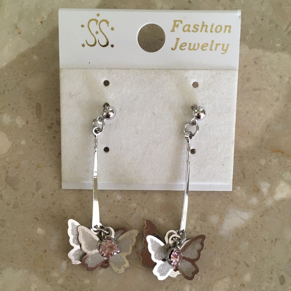 Silver Dangling Butterfly Pink Gem Earrings 🦋